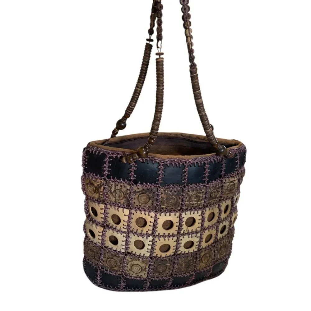 Handcrafted Boho‎ Patchwork Shoulder Bag Beaded Straps & Unique Coconut Shells